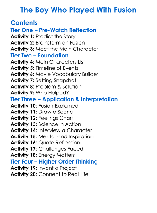 The Boy Who Played With Fusion Worksheet Activity Booklet