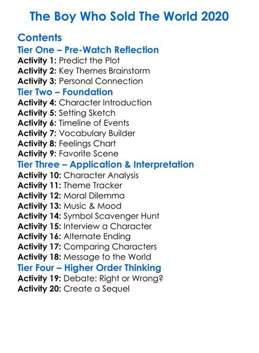 The Boy Who Sold The World 2020 Worksheet Activity Booklet
