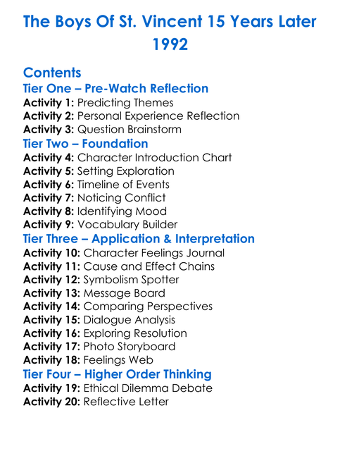The Boys Of St Vincent 15 Years Later 1992 Worksheet Activity Booklet