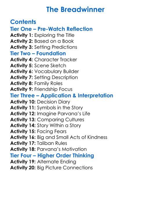 The Breadwinner Worksheet Activity Booklet