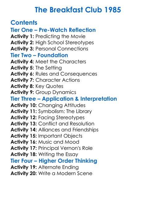 The Breakfast Club 1985 Worksheet Activity Booklet