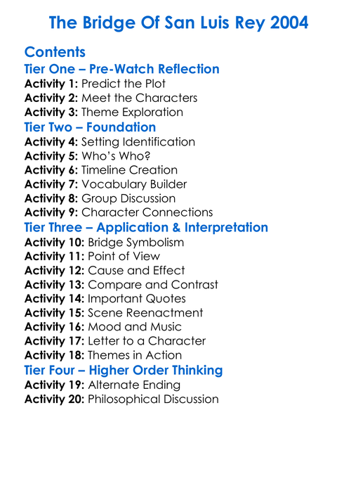 The Bridge Of San Luis Rey 2004 Worksheet Activity Booklet