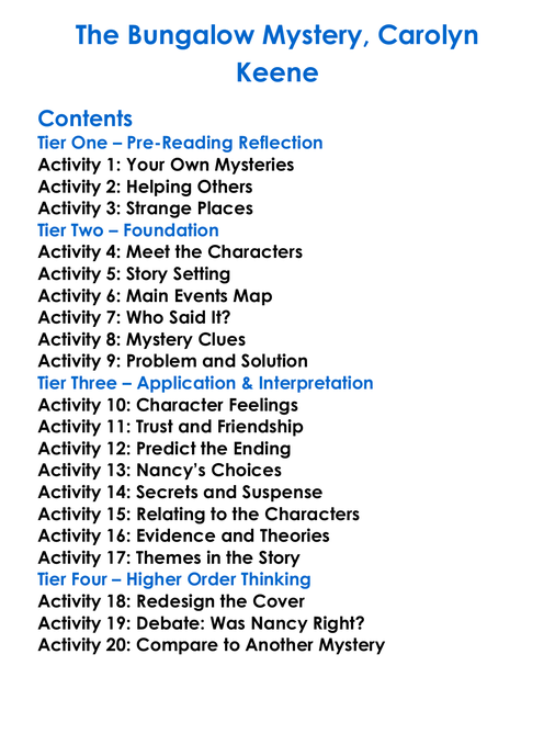 The Bungalow Mystery Carolyn Keene Worksheet Activity Booklet