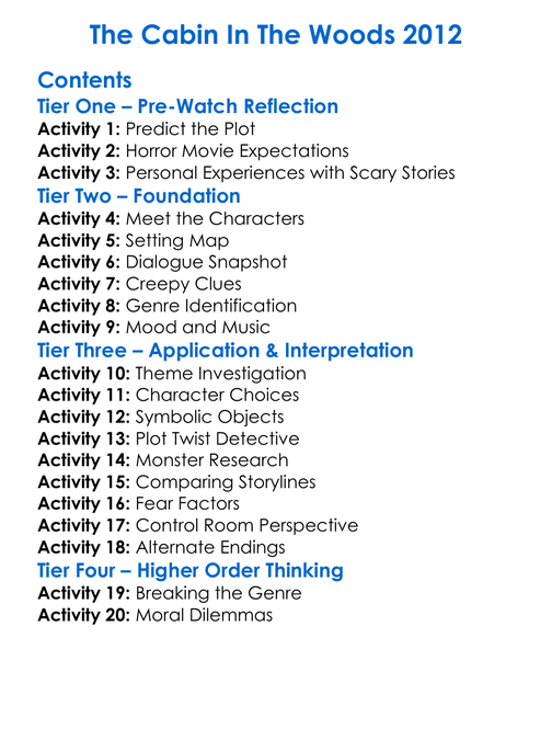 The Cabin In The Woods 2012 Worksheet Activity Booklet