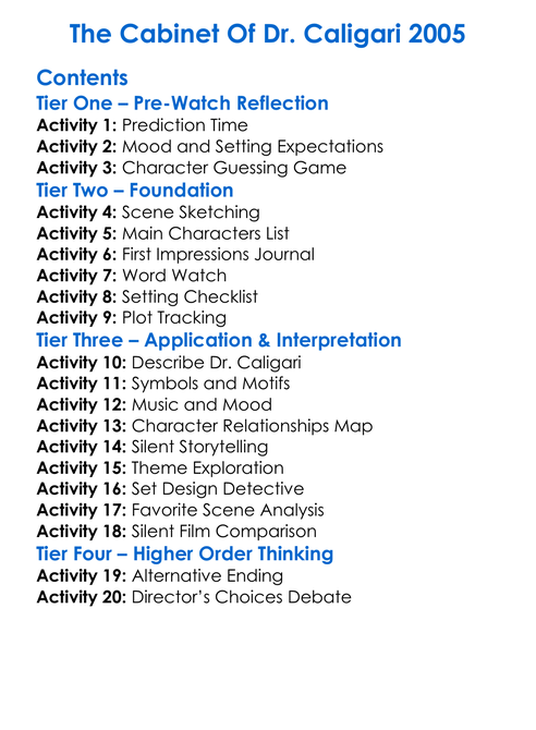 The Cabinet Of Dr Caligari 2005 Worksheet Activity Booklet