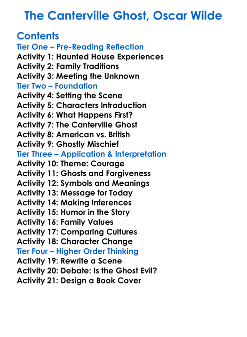The Canterville Ghost Oscar Wilde Worksheet Activity Booklet
