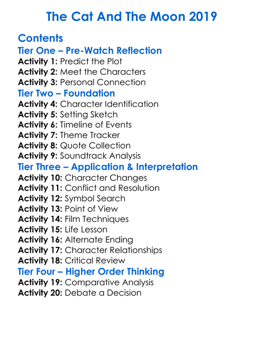 The Cat And The Moon 2019 Worksheet Activity Booklet
