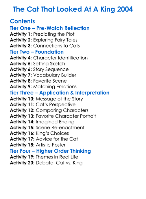 The Cat That Looked At A King 2004 Worksheet Activity Booklet