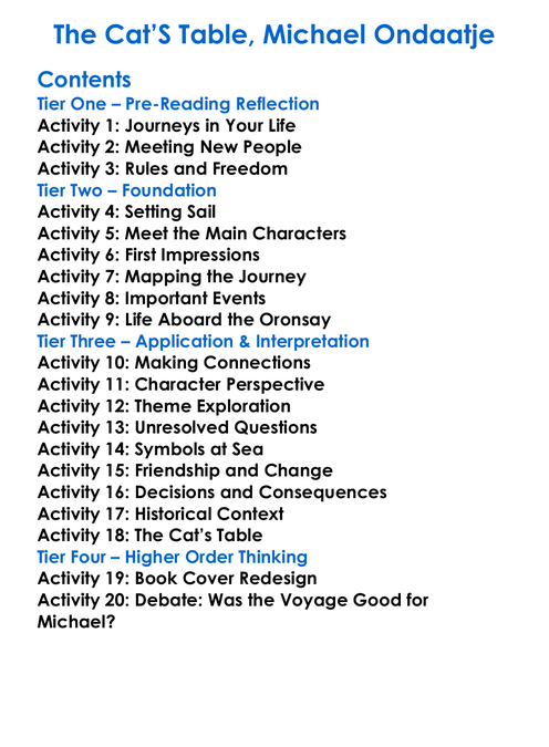 The Cats Table Michael Ondaatje Worksheet Activity Booklet