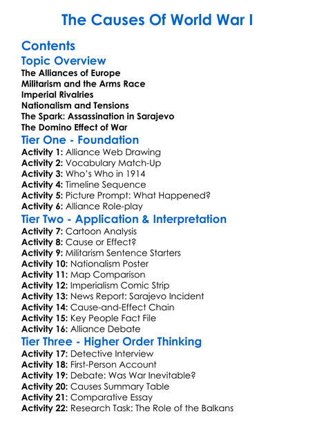 The Causes Of World War I Worksheet Activity Booklet