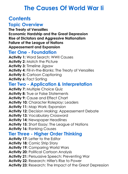 The Causes Of World War Ii Worksheet Activity Booklet