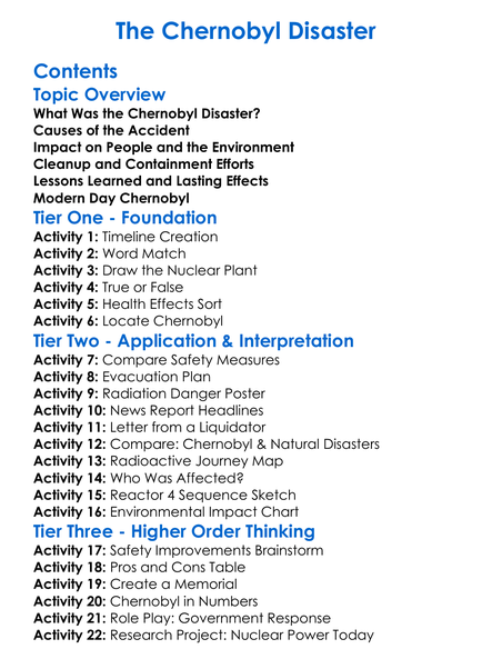 The Chernobyl Disaster Worksheet Activity Booklet