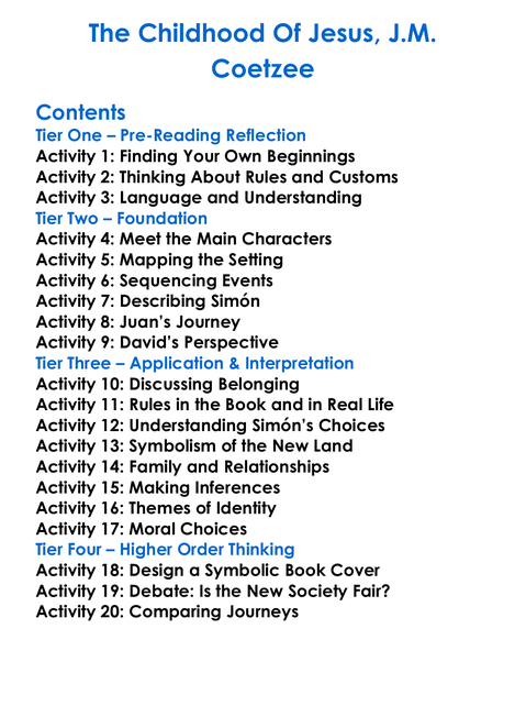 The Childhood Of Jesus Jm Coetzee Worksheet Activity Booklet