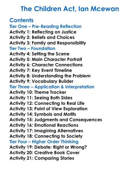 The Children Act Ian Mcewan Worksheet Activity Booklet