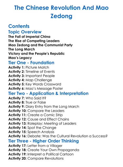 The Chinese Revolution And Mao Zedong Worksheet Activity Booklet