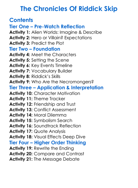 The Chronicles Of Riddick Skip Worksheet Activity Booklet