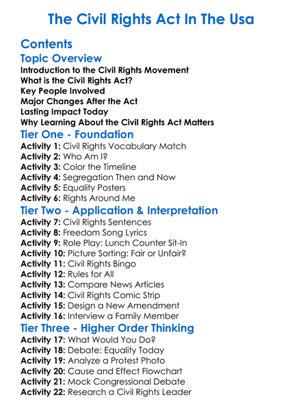 The Civil Rights Act In The Usa Worksheet Activity Booklet