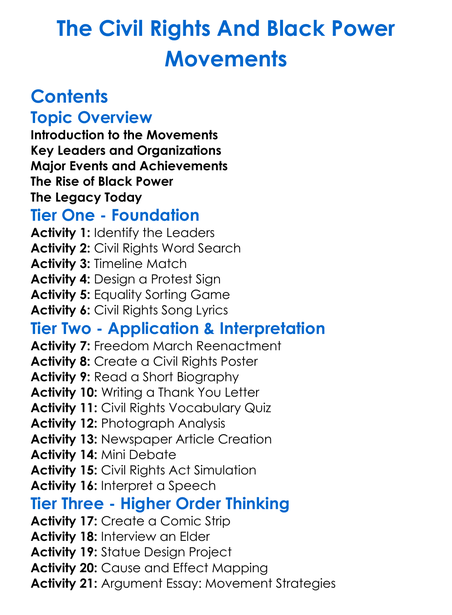 The Civil Rights And Black Power Movements Worksheet Activity Booklet