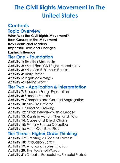 The Civil Rights Movement In The United States Worksheet Activity Booklet