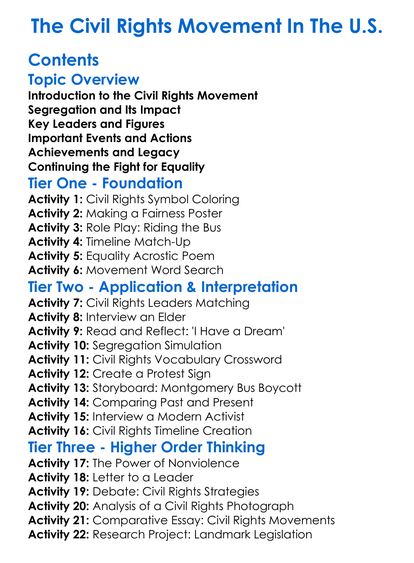 The Civil Rights Movement In The Us Worksheet Activity Booklet