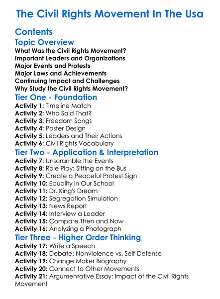 The Civil Rights Movement In The Usa Worksheet Activity Booklet