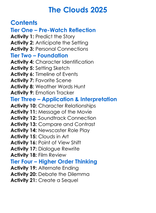 The Clouds 2025 Worksheet Activity Booklet