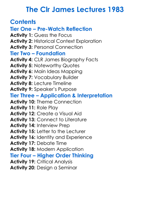 The Clr James Lectures 1983 Worksheet Activity Booklet