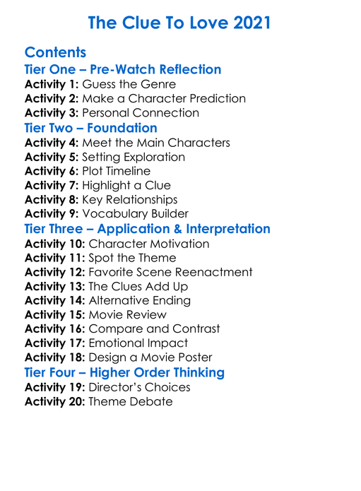 The Clue To Love 2021 Worksheet Activity Booklet