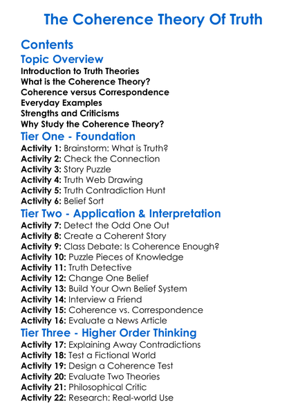 The Coherence Theory Of Truth Worksheet Activity Booklet