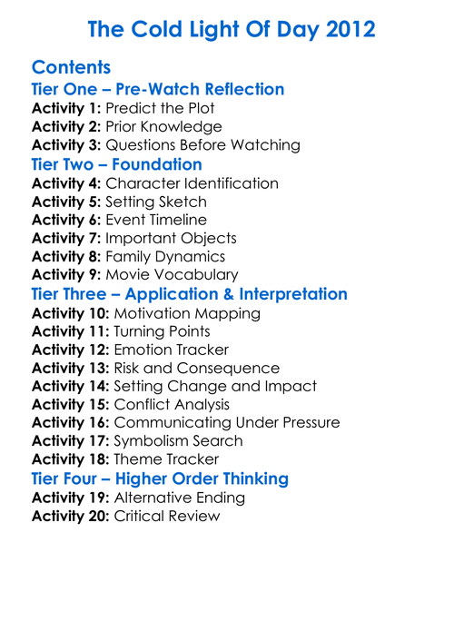 The Cold Light Of Day 2012 Worksheet Activity Booklet