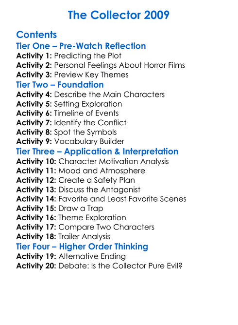 The Collector 2009 Worksheet Activity Booklet