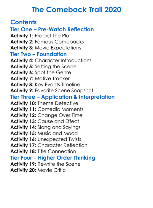 The Comeback Trail 2020 Worksheet Activity Booklet
