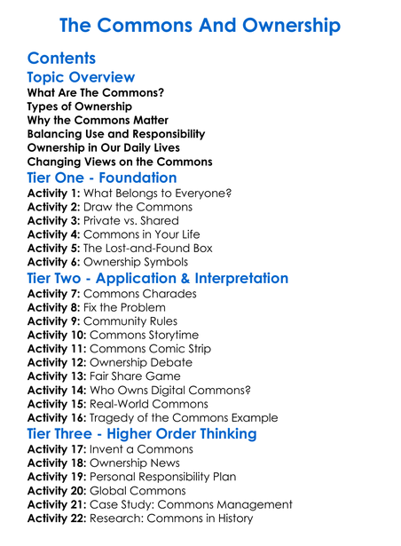 The Commons And Ownership Worksheet Activity Booklet