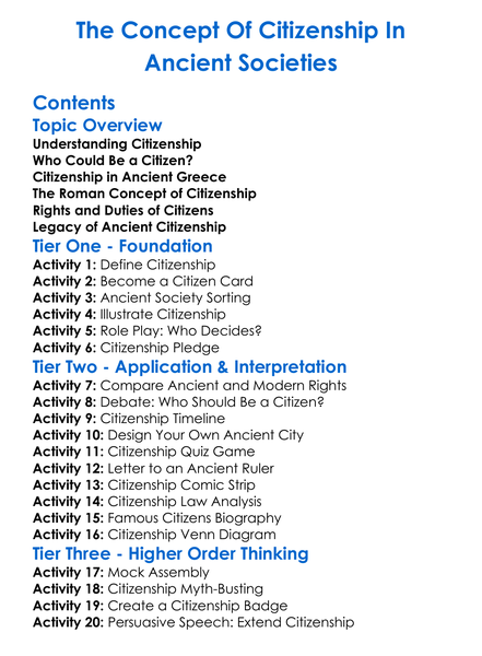 The Concept Of Citizenship In Ancient Societies Worksheet Activity Booklet