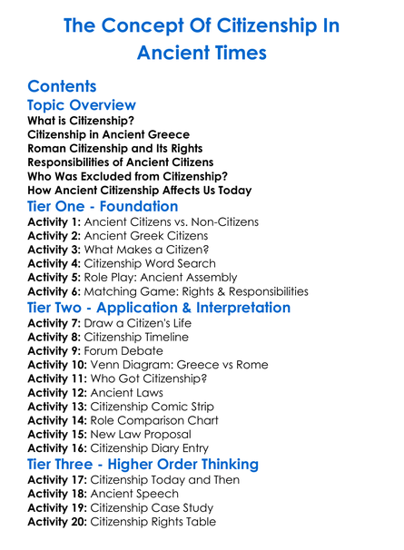 The Concept Of Citizenship In Ancient Times Worksheet Activity Booklet