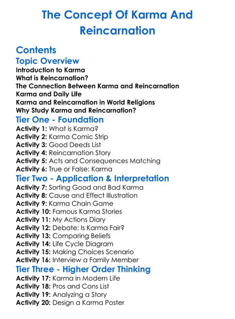The Concept Of Karma And Reincarnation Worksheet Activity Booklet