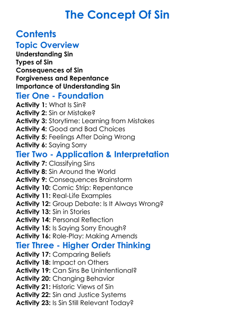 The Concept Of Sin Worksheet Activity Booklet