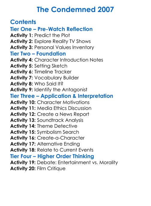 The Condemned 2007 Worksheet Activity Booklet