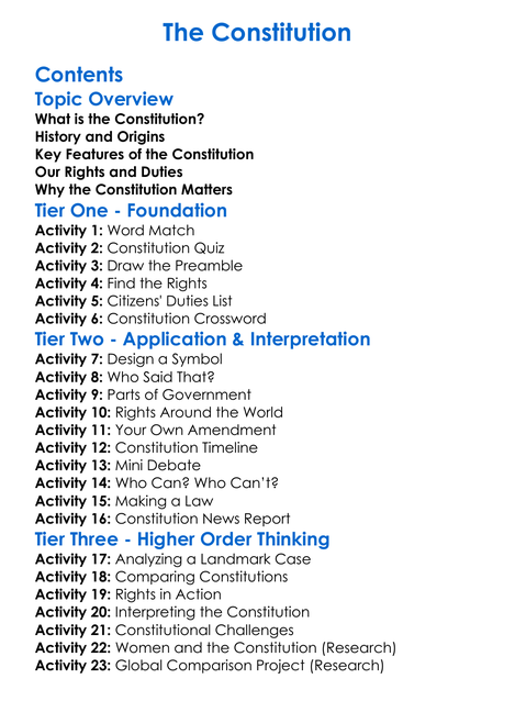 The Constitution Worksheet Activity Booklet