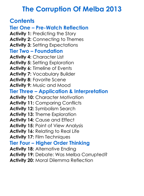 The Corruption Of Melba 2013 Worksheet Activity Booklet