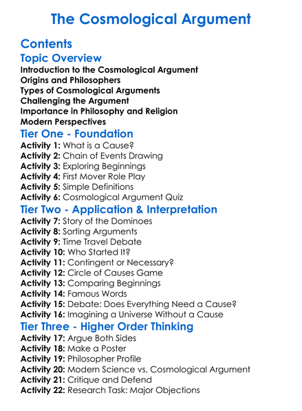 The Cosmological Argument Worksheet Activity Booklet