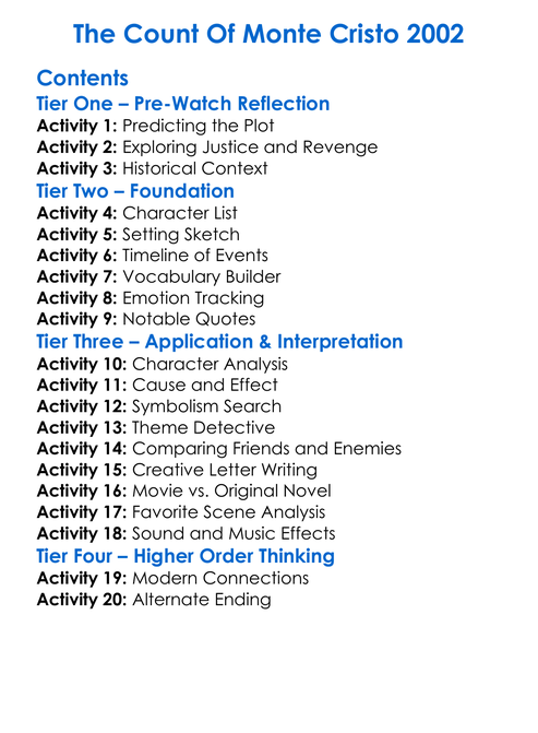 The Count Of Monte Cristo 2002 Worksheet Activity Booklet