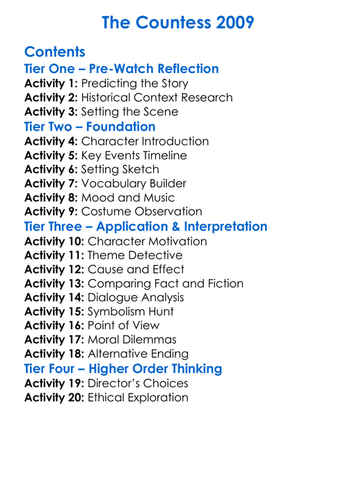 The Countess 2009 Worksheet Activity Booklet