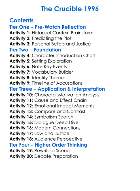 The Crucible 1996 Worksheet Activity Booklet