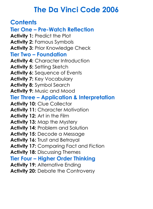 The Da Vinci Code 2006 Worksheet Activity Booklet