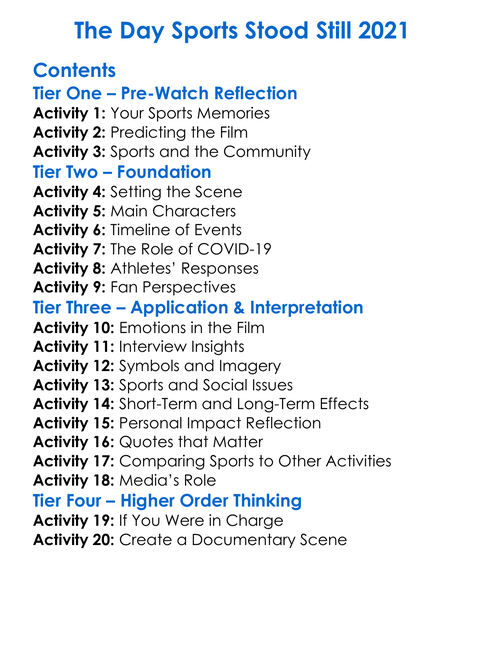 The Day Sports Stood Still 2021 Worksheet Activity Booklet