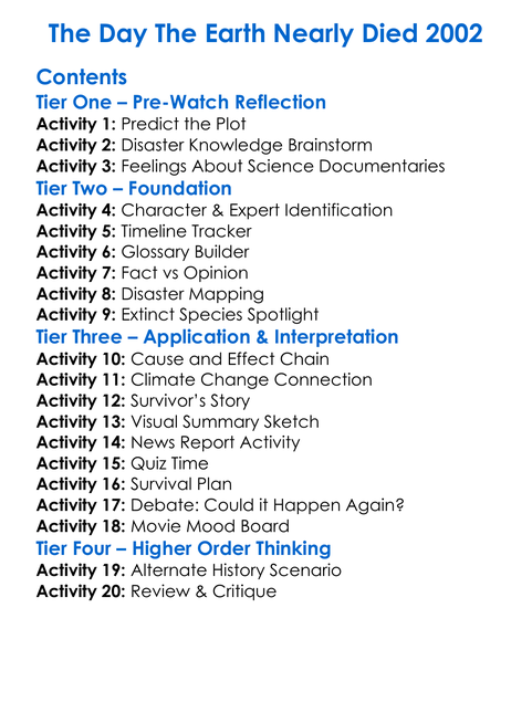 The Day The Earth Nearly Died 2002 Worksheet Activity Booklet