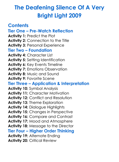 The Deafening Silence Of A Very Bright Light 2009 Worksheet Activity Booklet