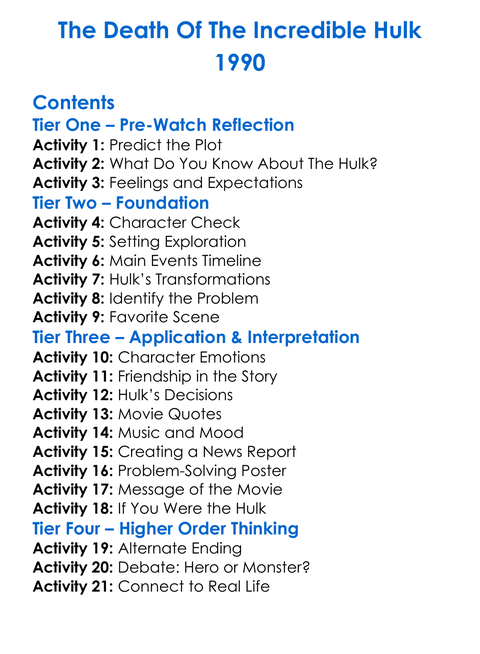 The Death Of The Incredible Hulk 1990 Worksheet Activity Booklet