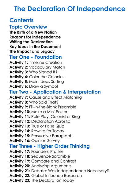 The Declaration Of Independence Worksheet Activity Booklet